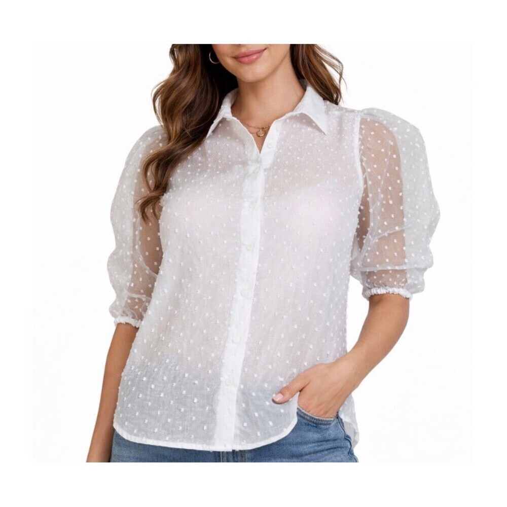 Zara shear blouse white polka dots puff sleeve sheer button up SZ XS
